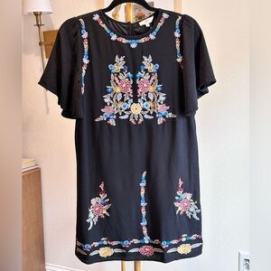 Entro Floral Embroidered Black Boutique Mini Dress with Flutter Sleeves- Size S